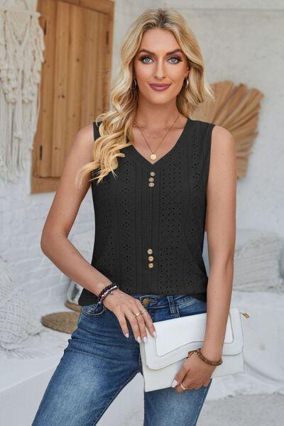 Eyelet Decorative Button V-Neck Tank - Immenzive