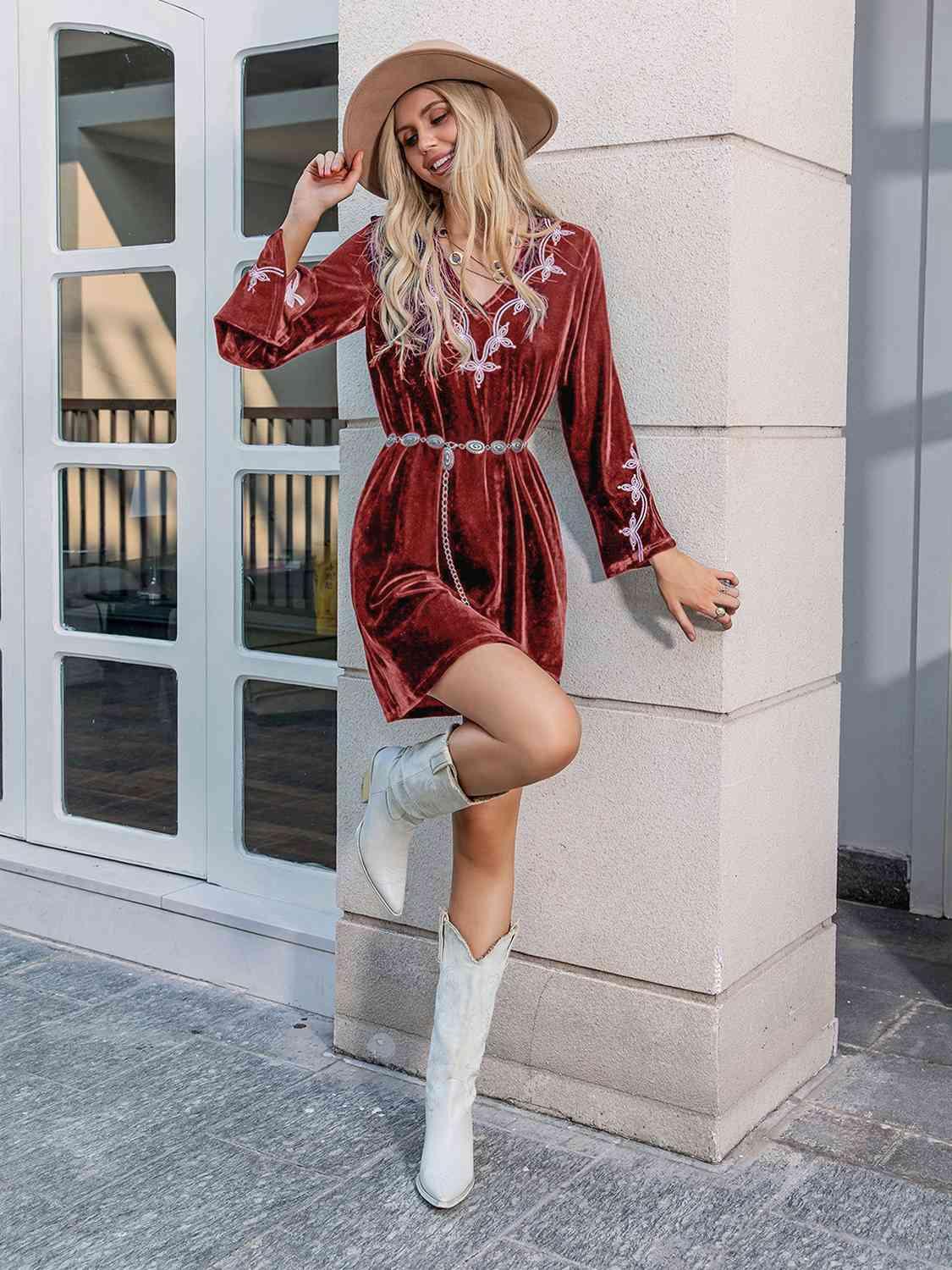 V-Neck Long Sleeve Mini Dress - Immenzive