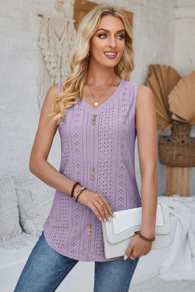 Eyelet Decorative Button V-Neck Tank - Immenzive