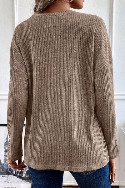 Ribbed Half Button Long Sleeve Knit Top - Immenzive