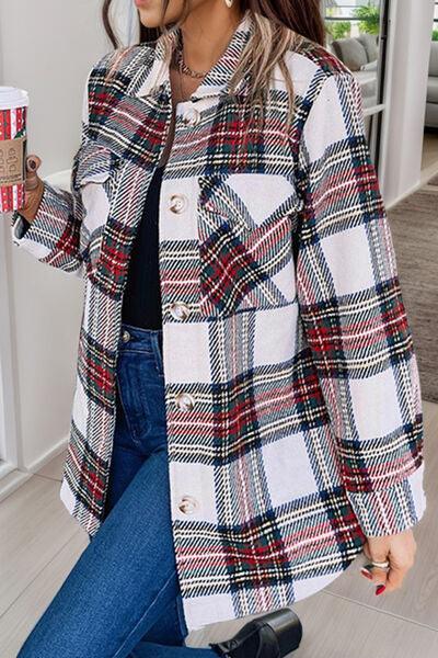 Plaid Pocketed Button Up Jacket - Immenzive