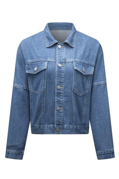 Pocketed Button Up Dropped Shoulder Denim Jacket - Immenzive