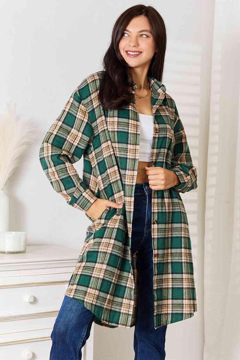 Double Take Plaid Collared Neck Long Sleeve Shirt - Immenzive