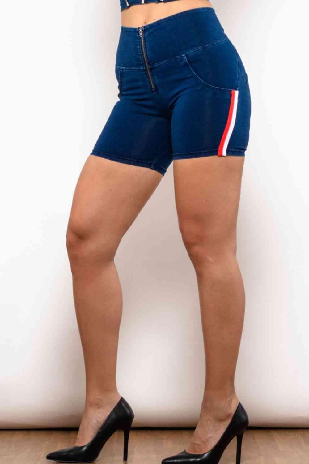 Full Size Side Stripe Zip Closure Denim Shorts - Immenzive