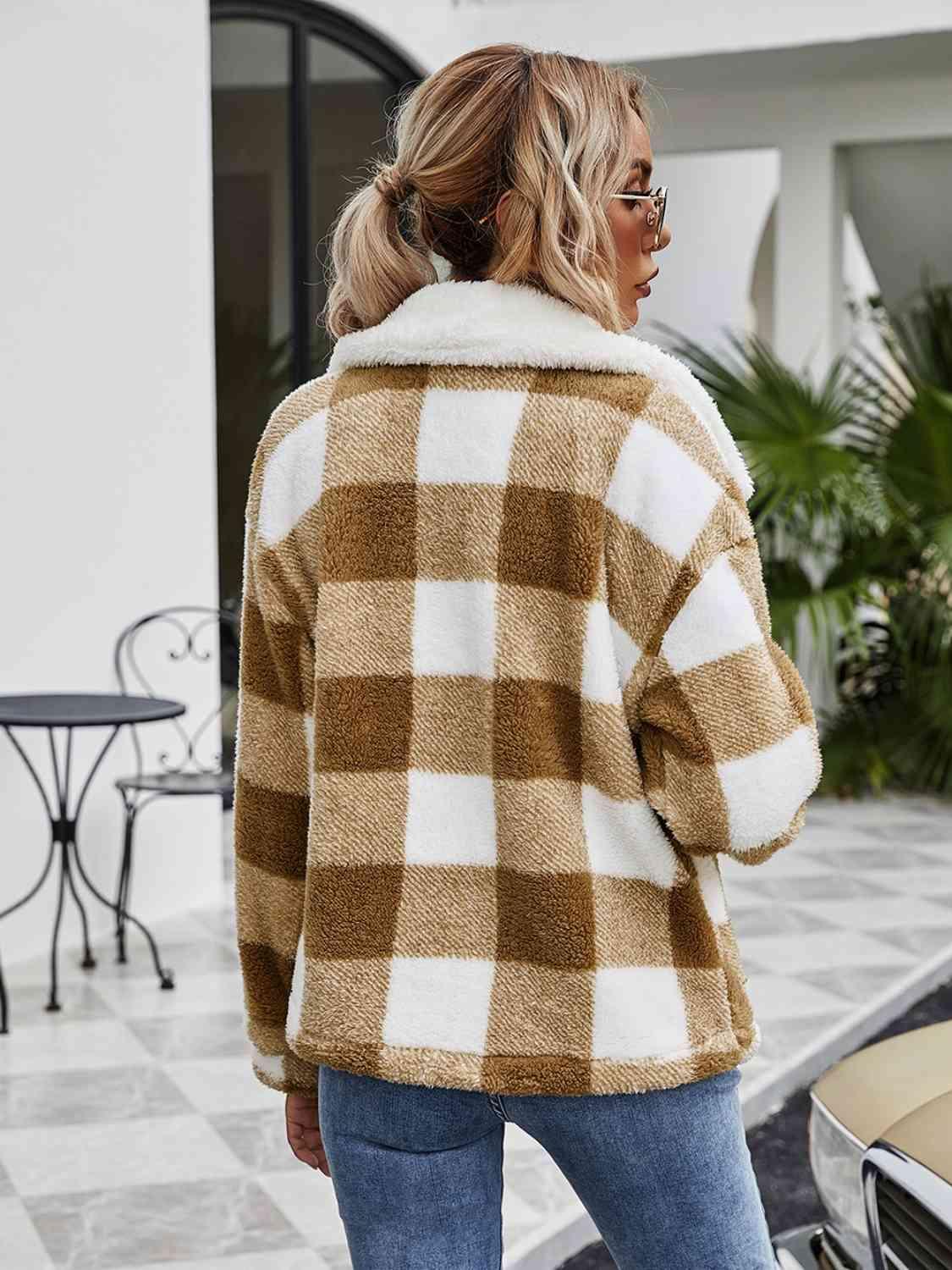 Plaid Zip-Up Collared Jacket - Immenzive