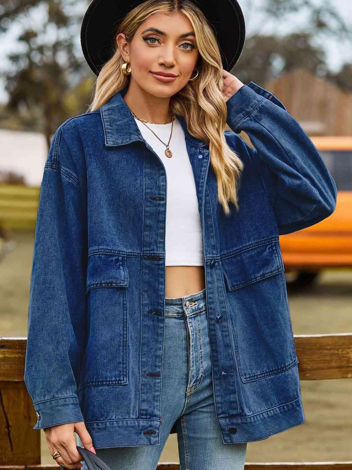 Dropped Shoulder Denim Jacket with Pockets - Immenzive