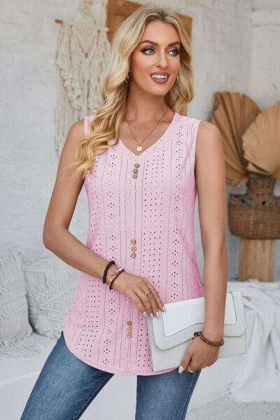 Eyelet Decorative Button V-Neck Tank - Immenzive