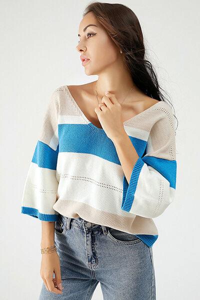 Color Block V-Neck Dropped Shoulder Sweater - Immenzive