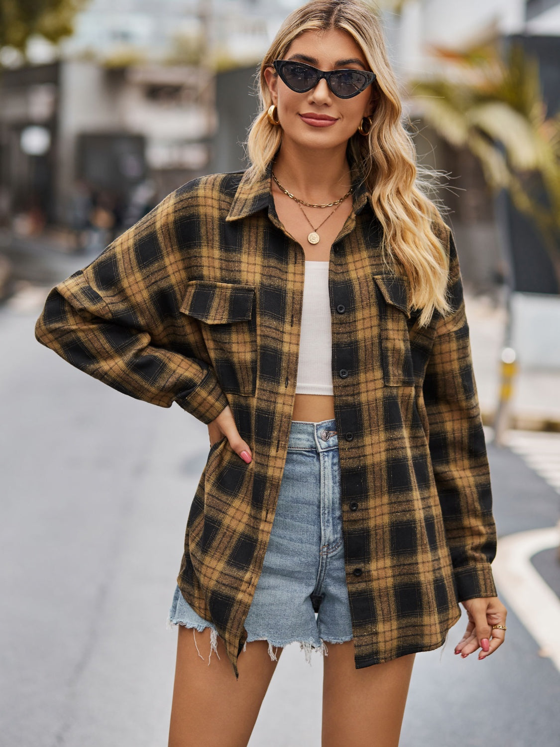 Plaid Collared Neck Button Down Jacket - Immenzive