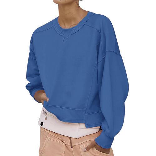 Round Neck Drop Shoulder Long Sleeve Sweatshirt - Immenzive