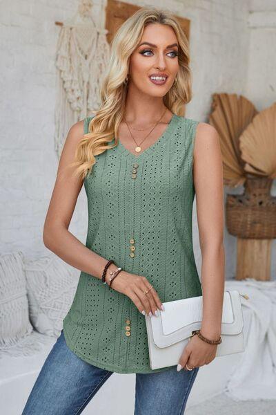 Eyelet Decorative Button V-Neck Tank - Immenzive