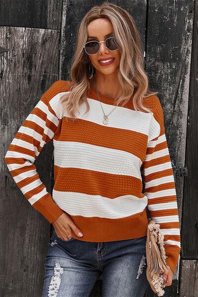 Striped Round Neck Dropped Shoulder Sweater - Immenzive