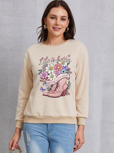 Graphic Round Neck Long Sleeve Sweatshirt - Immenzive