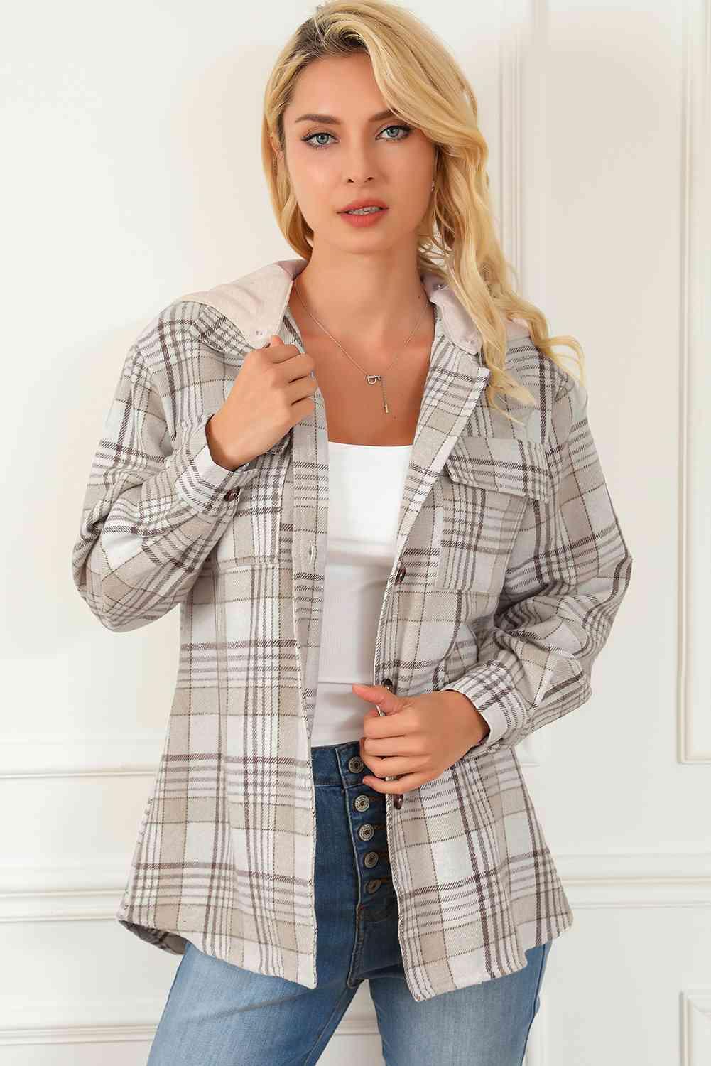 Plaid Button Down Hooded Jacket - Immenzive