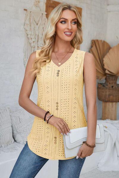 Eyelet Decorative Button V-Neck Tank - Immenzive