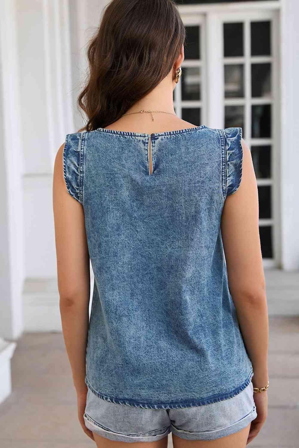 Acid Wash Round Neck Denim Tank - Immenzive