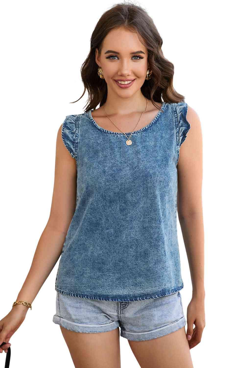 Acid Wash Round Neck Denim Tank - Immenzive