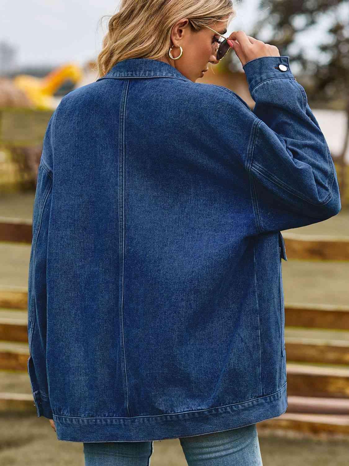 Dropped Shoulder Denim Jacket with Pockets - Immenzive