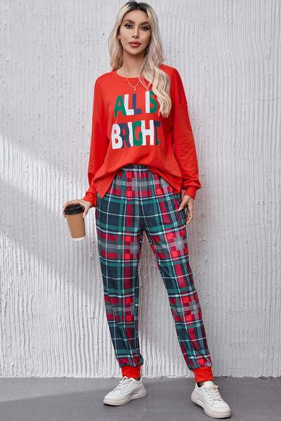 ALL IS BRIGHT Round Neck Top and Plaid Pants Lounge Set - Immenzive