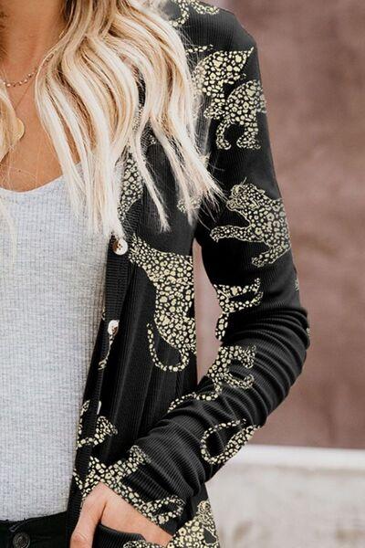 Animal Pattern Ribbed Button Up Long Sleeve Cardigan - Immenzive