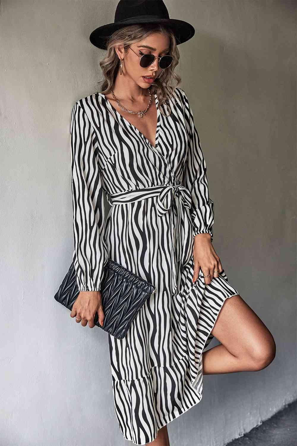 Animal Print Belted Midi Dress - Immenzive