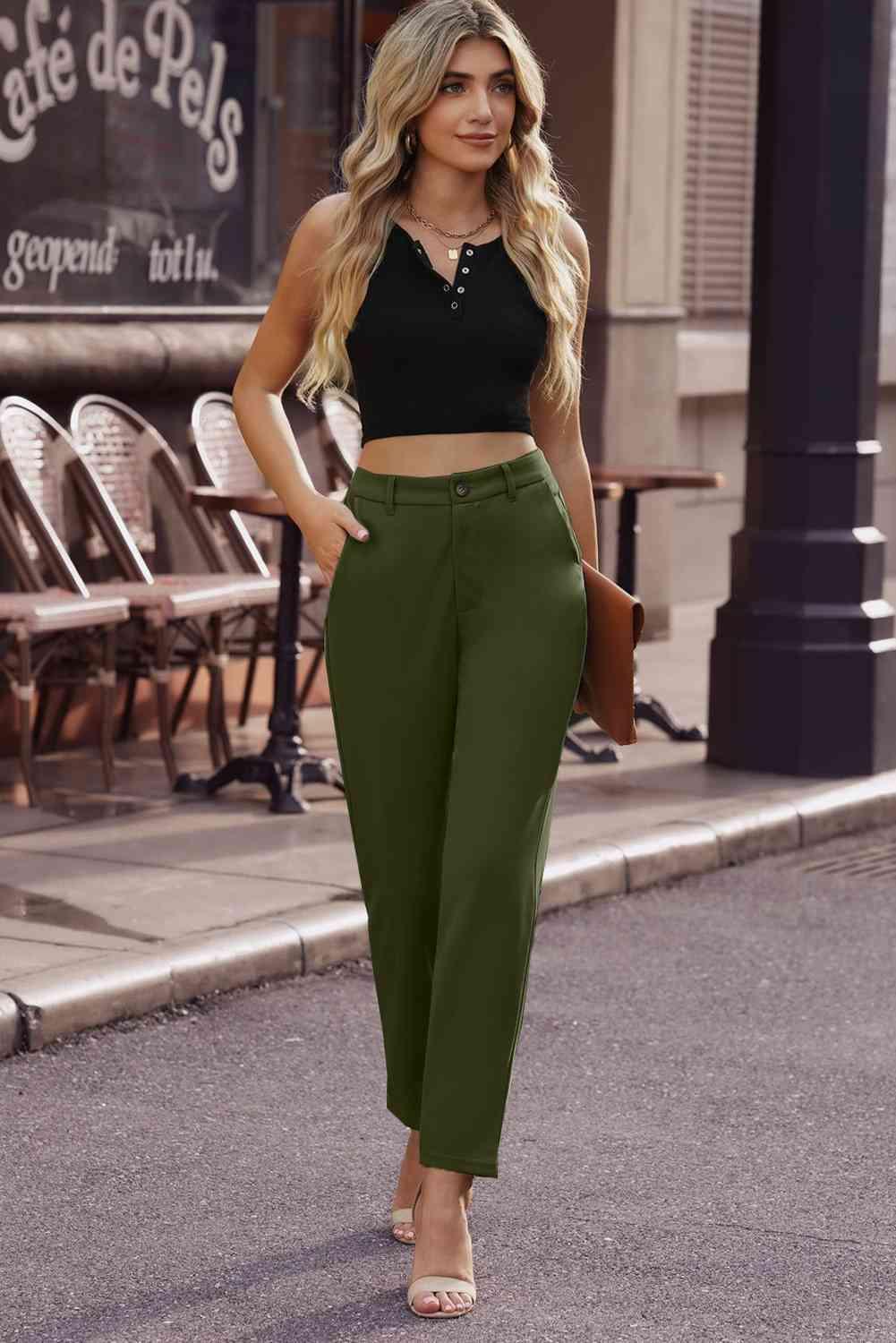 Ankle-Length Straight Leg Pants with Pockets - Immenzive
