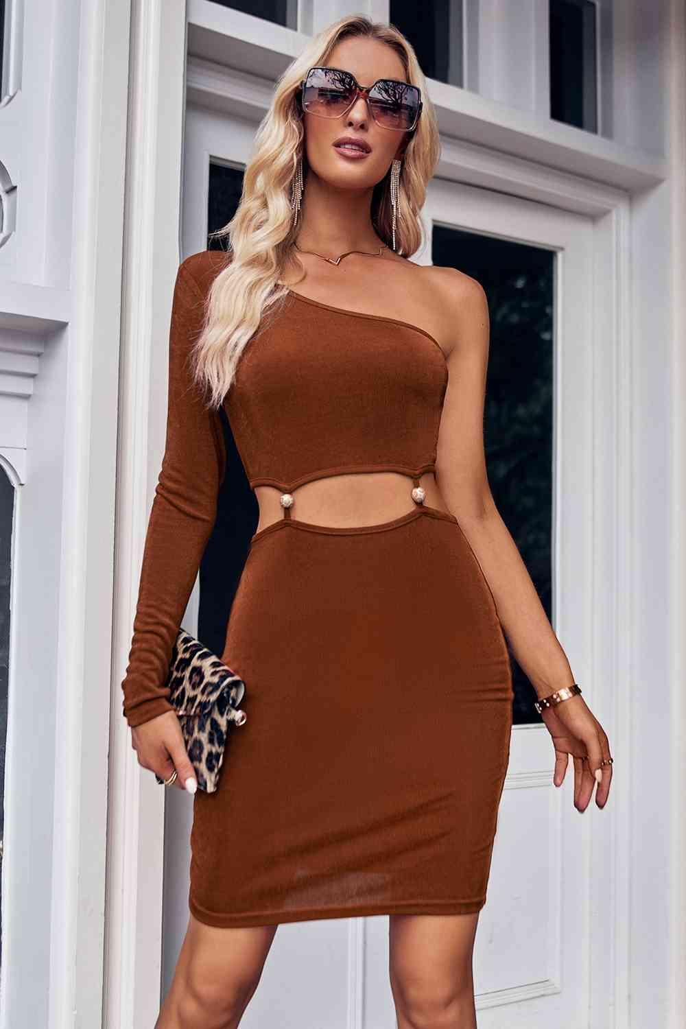 Asymmetrical Long Sleeve One Shoulder Cutout Dress - Immenzive