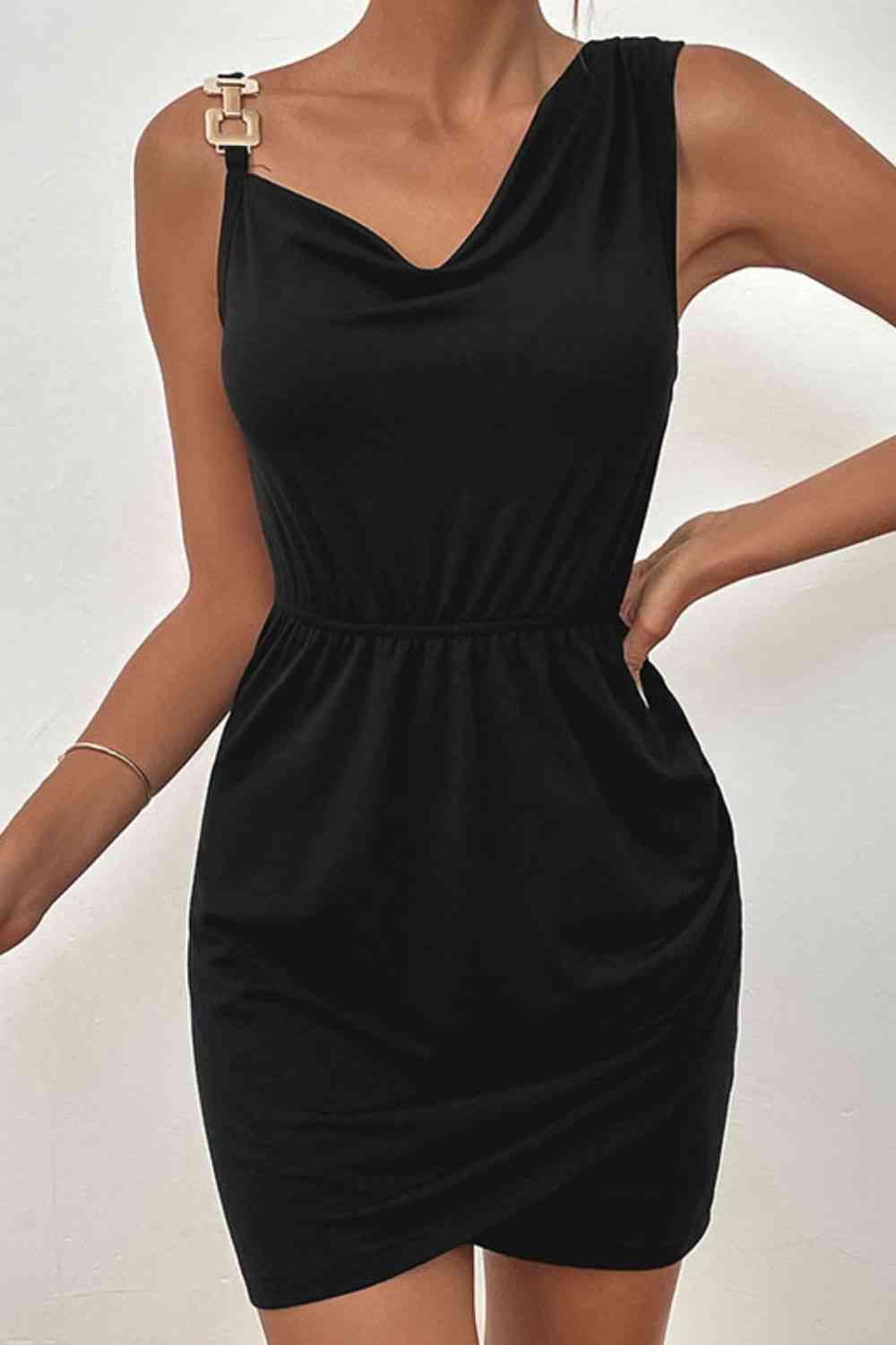 Asymmetrical Neck Sleeveless Tulip Hem Dress - Immenzive