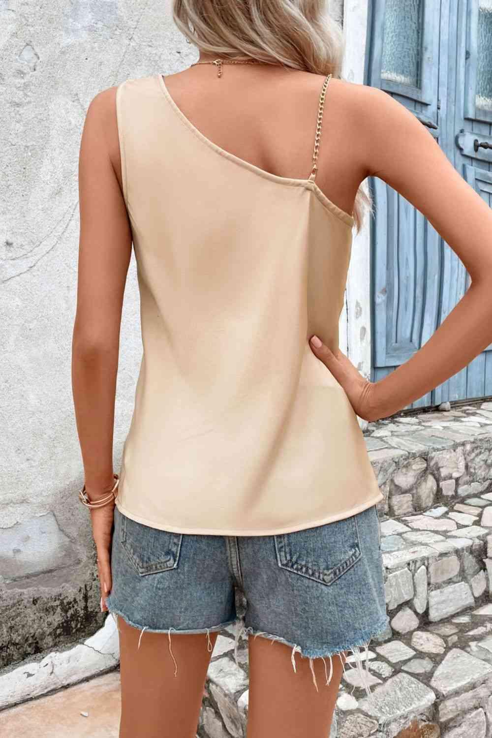 Asymmetrical Neck Slit Satin Tank - Immenzive