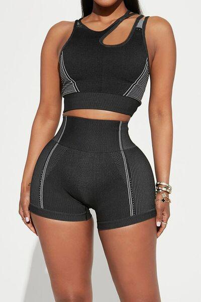 Asymmetrical Neck Striped Tank and Shorts Active Set - Immenzive