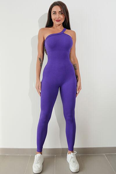 Asymmetrical Neck Wide Strap Active Jumpsuit - Immenzive