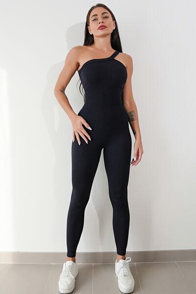 Asymmetrical Neck Wide Strap Active Jumpsuit - Immenzive