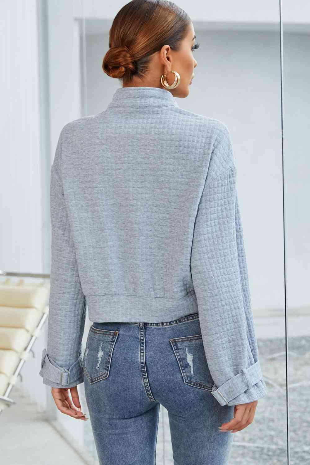 Band Collar Long Sleeve Pocketed Jacket - Immenzive