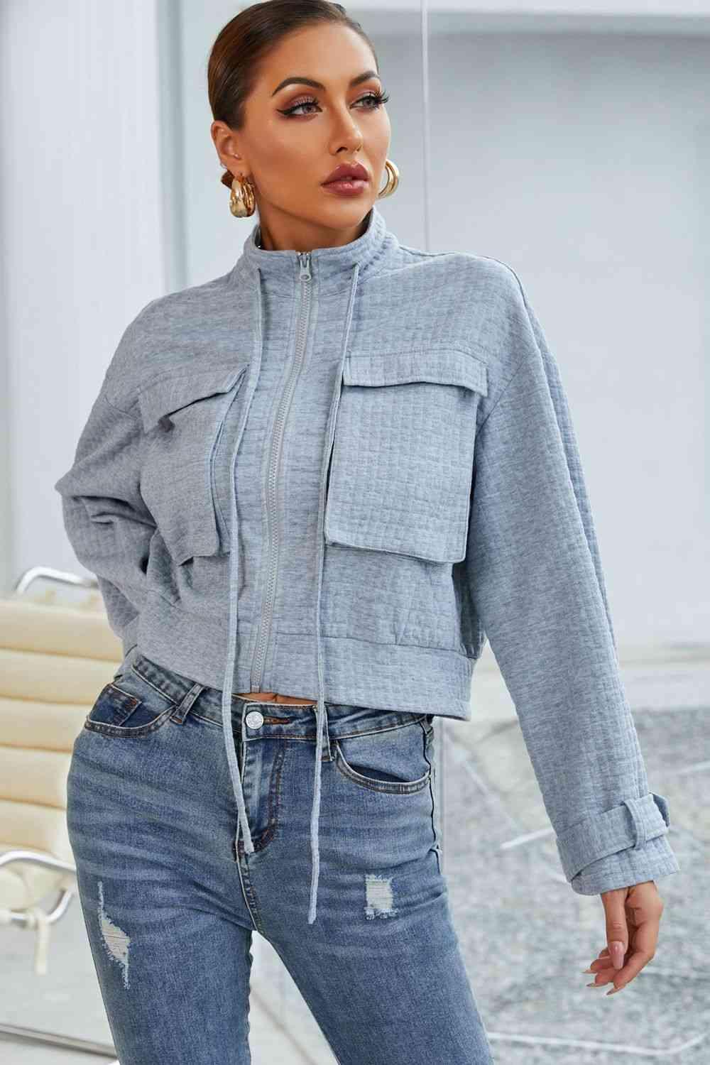 Band Collar Long Sleeve Pocketed Jacket - Immenzive