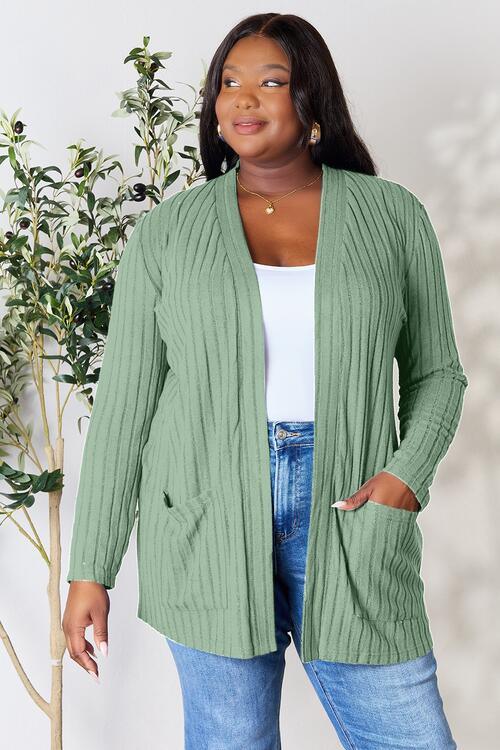 Basic Bae Full Size Ribbed Open Front Cardigan with Pockets - Immenzive