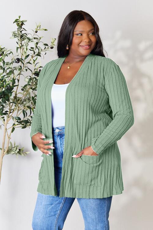 Basic Bae Full Size Ribbed Open Front Cardigan with Pockets - Immenzive