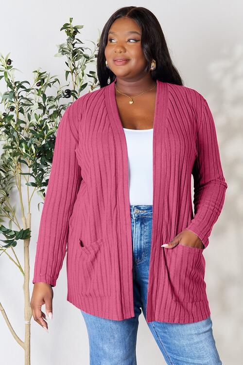 Basic Bae Full Size Ribbed Open Front Cardigan with Pockets - Immenzive