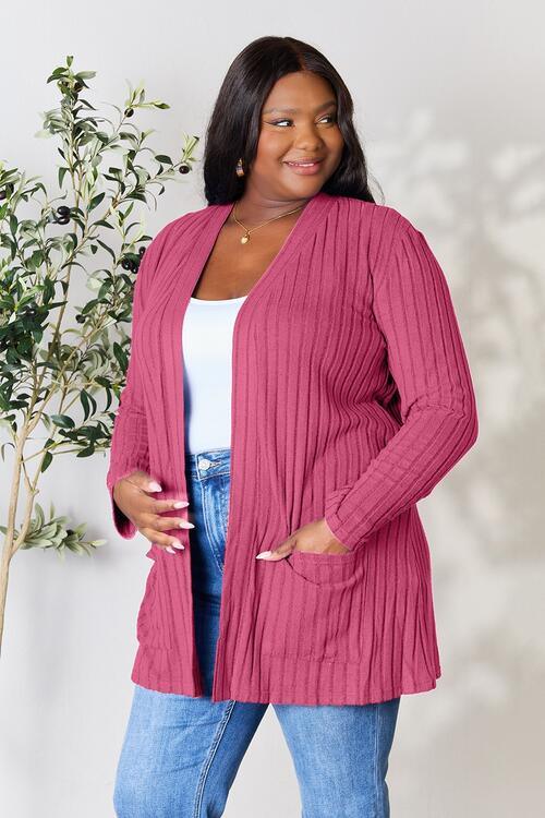 Basic Bae Full Size Ribbed Open Front Cardigan with Pockets - Immenzive