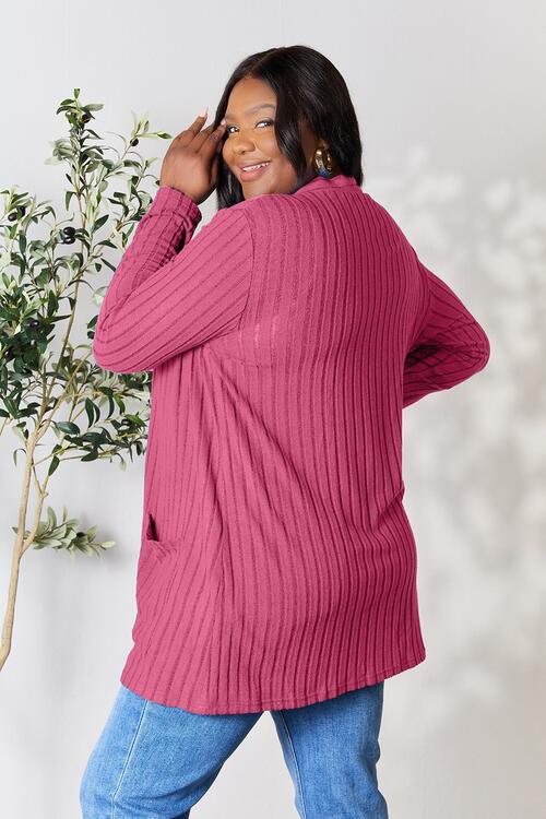 Basic Bae Full Size Ribbed Open Front Cardigan with Pockets - Immenzive