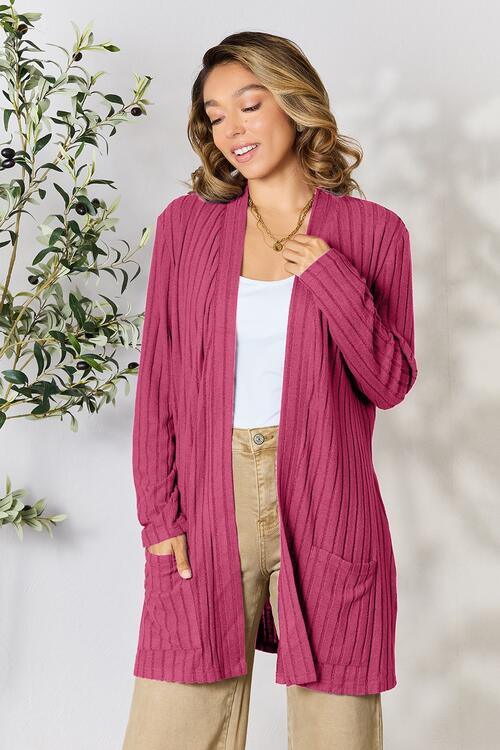 Basic Bae Full Size Ribbed Open Front Cardigan with Pockets - Immenzive