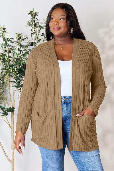 Basic Bae Full Size Ribbed Open Front Cardigan with Pockets - Immenzive