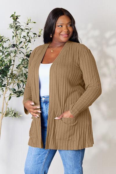 Basic Bae Full Size Ribbed Open Front Cardigan with Pockets - Immenzive
