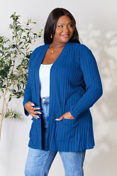 Basic Bae Full Size Ribbed Open Front Cardigan with Pockets - Immenzive