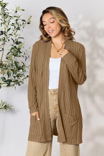 Basic Bae Full Size Ribbed Open Front Cardigan with Pockets - Immenzive
