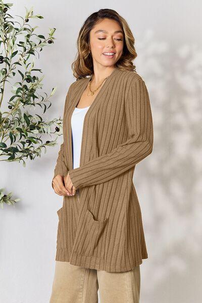 Basic Bae Full Size Ribbed Open Front Cardigan with Pockets - Immenzive