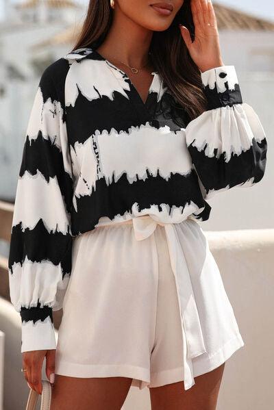 Printed Johnny Collar Long Sleeve Blouse - Immenzive