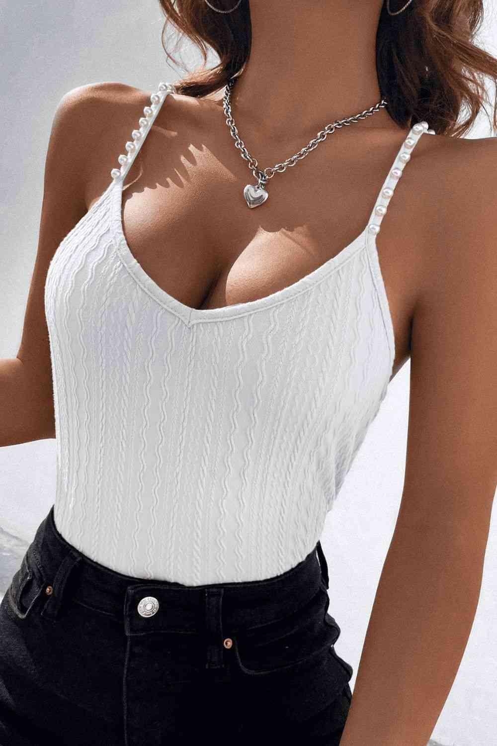 Beads Detail Spaghetti Straps Cable-Knit Cami - Immenzive