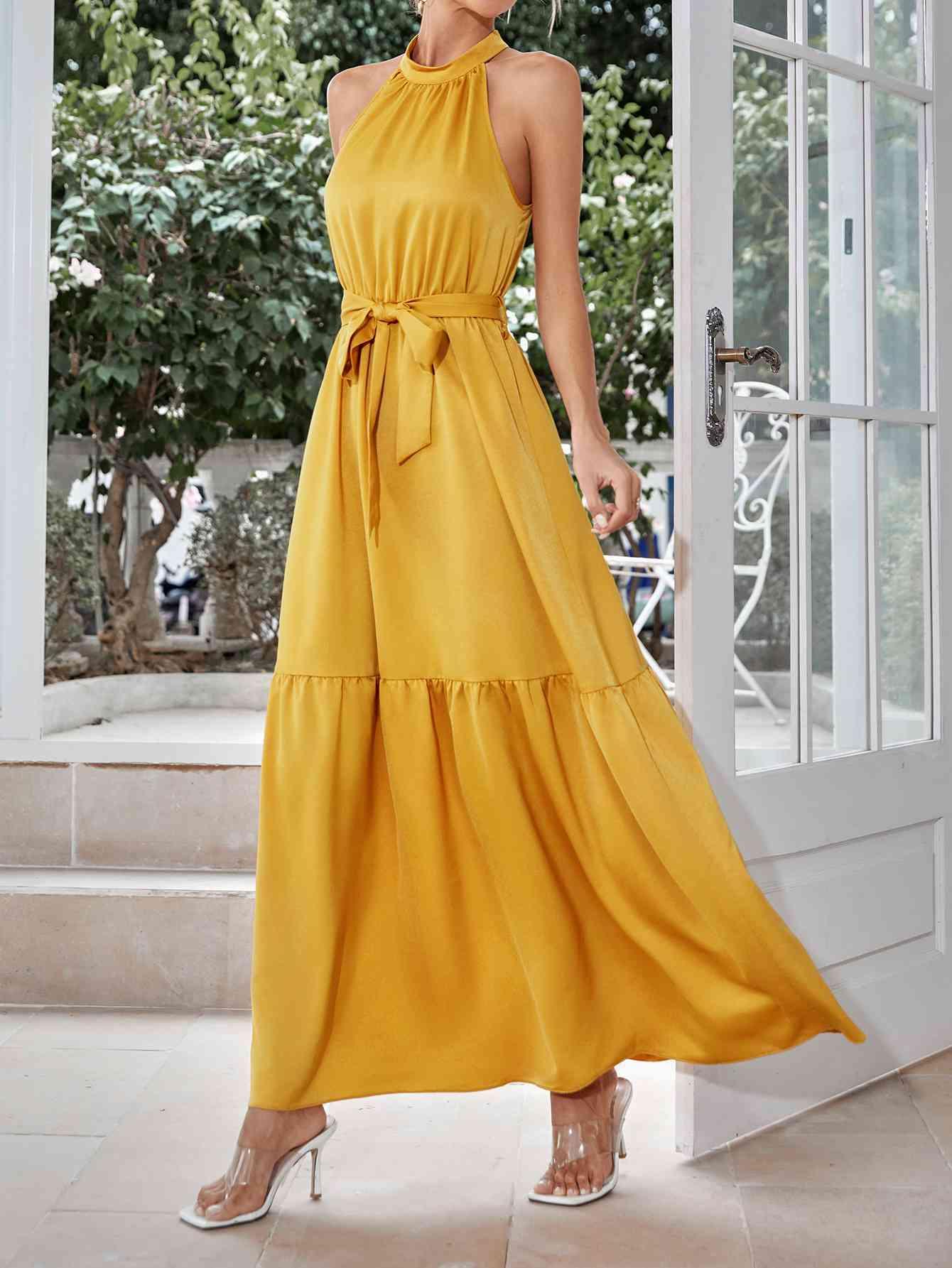 Belted Grecian Neck Tiered Maxi Dress - Immenzive