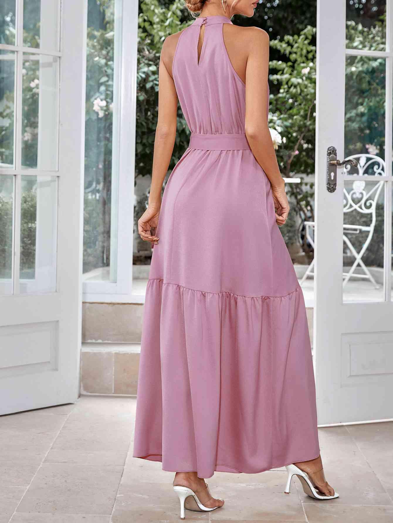 Belted Grecian Neck Tiered Maxi Dress - Immenzive