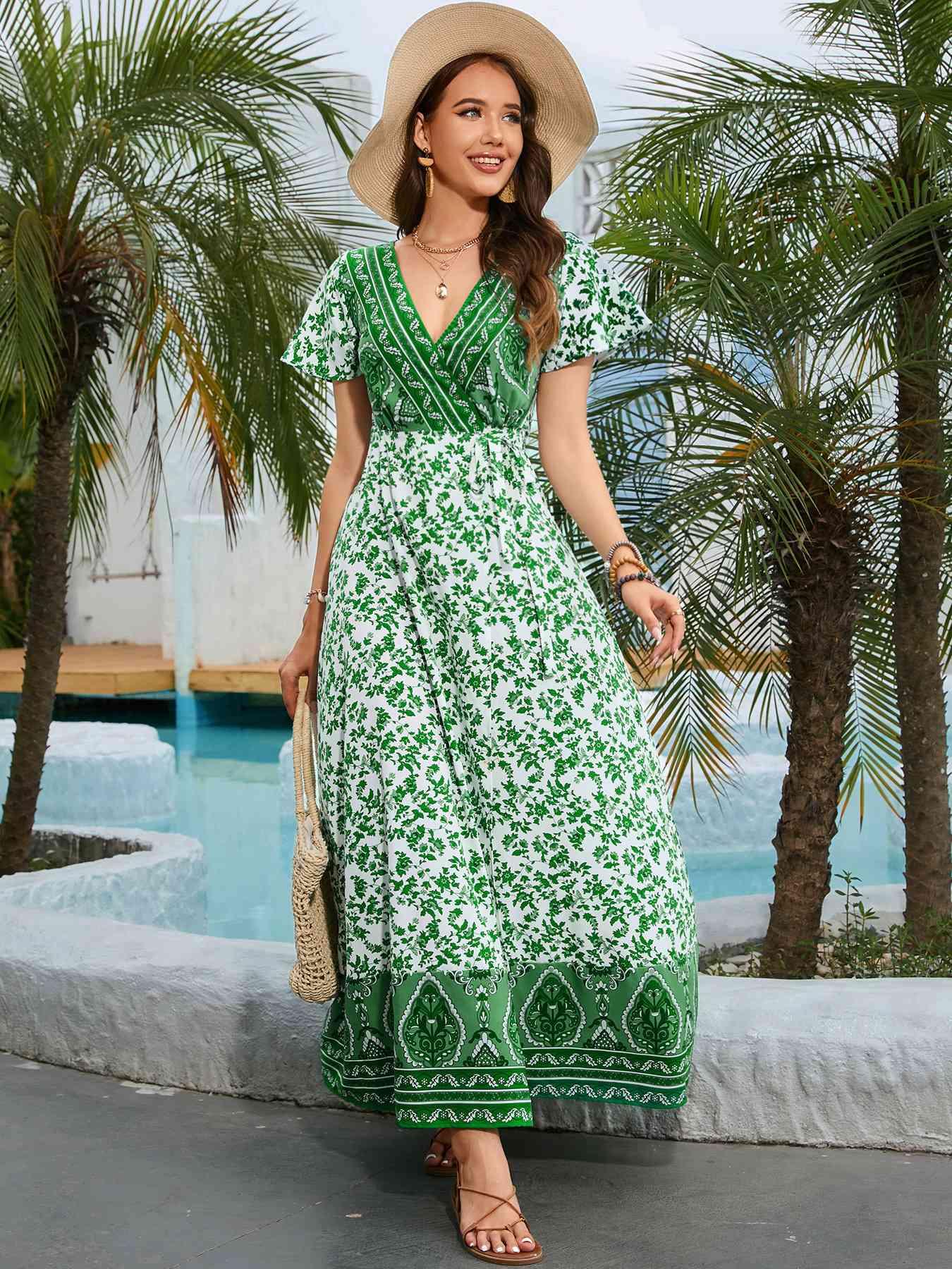 Bohemian Surplice Neck Split Maxi Dress - Immenzive